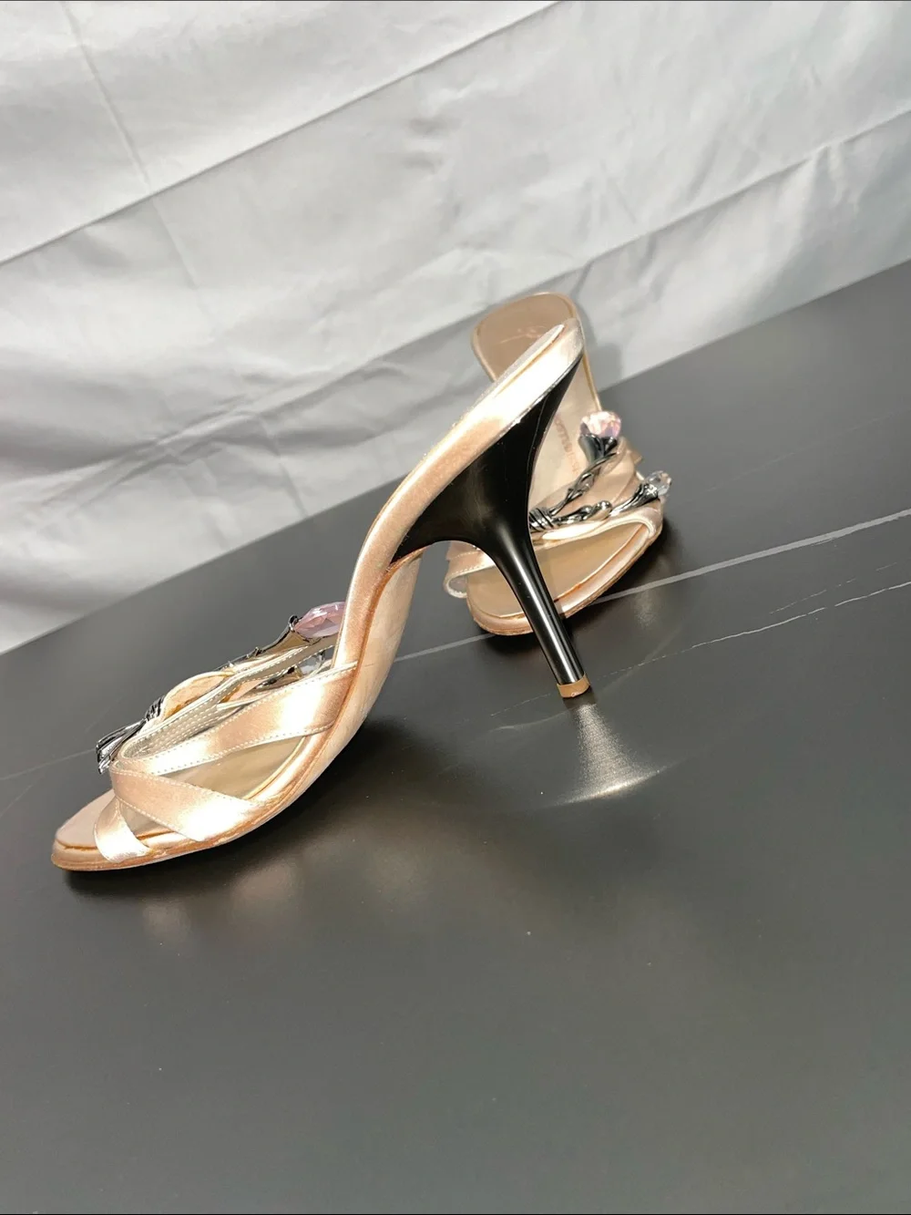 GUISEPPE ZANOTTI CRYSTAL AND SILVER TONE CHAMPAGNE SATIN HEEL MULES FTL-08-203